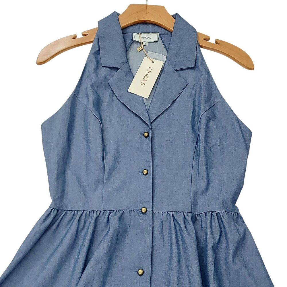 Rihoas The Lapel Sleeveless Midi Dress Womens Small Blue Chambray Button Up - Picture 5 of 12